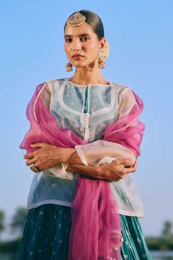 Shop_Mirasa_Green Silk, Organza, Chanderi Round Neck Saira Lehenga Set _Online_at_Aza_Fashions