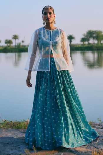 Buy_Mirasa_Green Silk, Organza, Chanderi Round Neck Saira Lehenga Set 