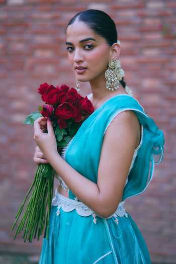 Mirasa_Blue Tissue Scoop Neck Manira Pure Banarasi Lehenga Set _Online_at_Aza_Fashions