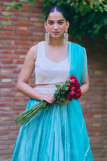 Buy_Mirasa_Blue Tissue Scoop Neck Manira Pure Banarasi Lehenga Set _Online_at_Aza_Fashions
