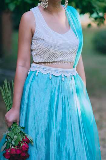 Mirasa_Blue Tissue Scoop Neck Manira Pure Banarasi Lehenga Set _at_Aza_Fashions