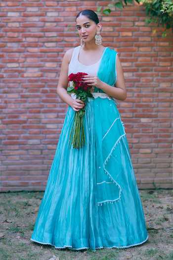 Buy_Mirasa_Blue Tissue Scoop Neck Manira Pure Banarasi Lehenga Set 