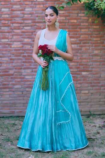 Shop_Mirasa_Blue Tissue Scoop Neck Manira Pure Banarasi Lehenga Set 