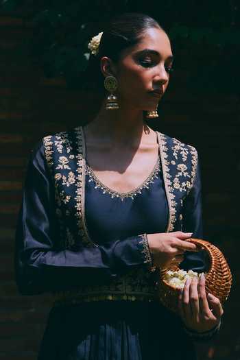 Mirasa_Black Silk, Chanderi, Lycra Scoop Neck, Open Meher Pure Anarkali And Jacket Set _Online_at_Aza_Fashions