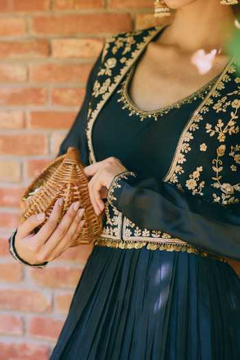 Buy_Mirasa_Black Silk, Chanderi, Lycra Scoop Neck, Open Meher Pure Anarkali And Jacket Set _Online_at_Aza_Fashions