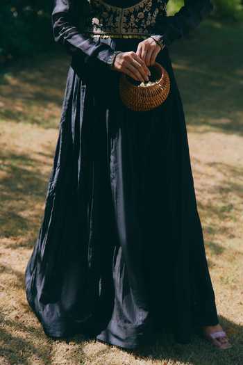 Shop_Mirasa_Black Silk, Chanderi, Lycra Scoop Neck, Open Meher Pure Anarkali And Jacket Set _Online_at_Aza_Fashions