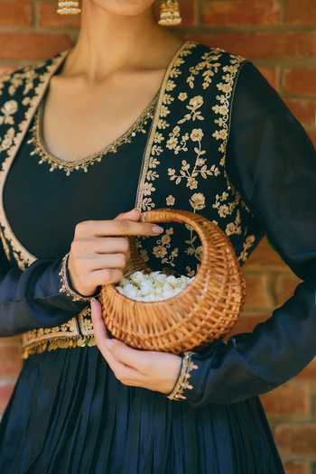 Mirasa_Black Silk, Chanderi, Lycra Scoop Neck, Open Meher Pure Anarkali And Jacket Set _at_Aza_Fashions