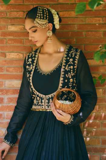 Buy_Mirasa_Black Silk, Chanderi, Lycra Scoop Neck, Open Meher Pure Anarkali And Jacket Set 