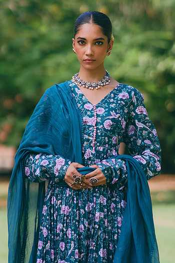 Shop_Mirasa_Green Silk, , Silk, Net V-neck Riva Printed Anarkali Set _Online_at_Aza_Fashions