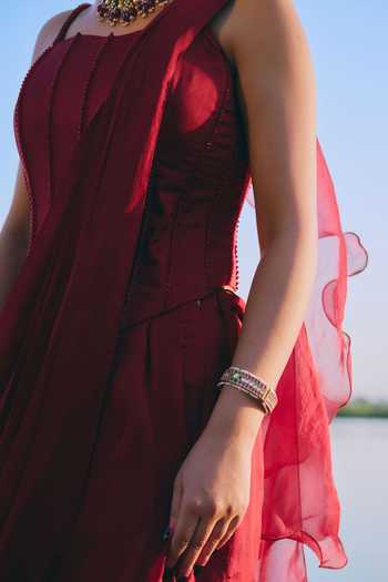 Mirasa_Maroon Silk, Crepe Embroidery Azriza Pre-draped Saree With Corset _Online_at_Aza_Fashions