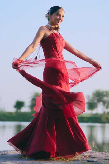 Buy_Mirasa_Maroon Silk, Crepe Embroidery Azriza Pre-draped Saree With Corset _Online_at_Aza_Fashions