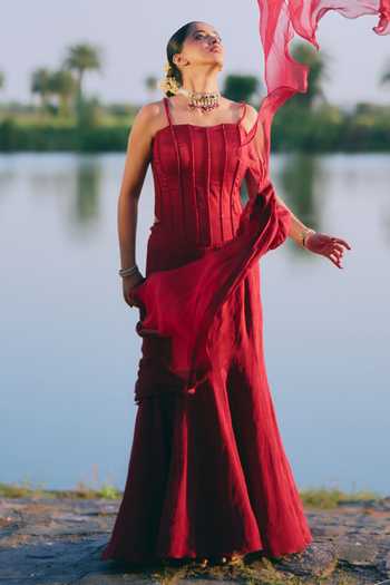 Shop_Mirasa_Maroon Silk, Crepe Embroidery Azriza Pre-draped Saree With Corset _Online_at_Aza_Fashions