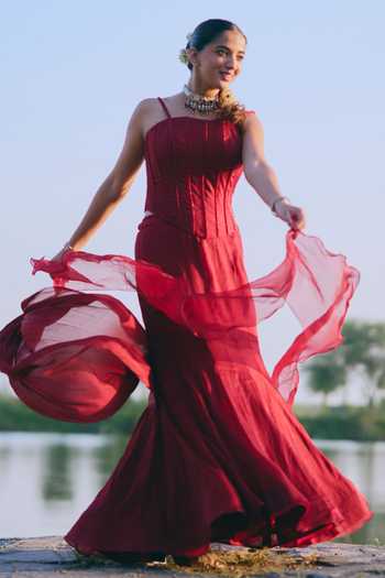 Mirasa_Maroon Silk, Crepe Embroidery Azriza Pre-draped Saree With Corset _at_Aza_Fashions