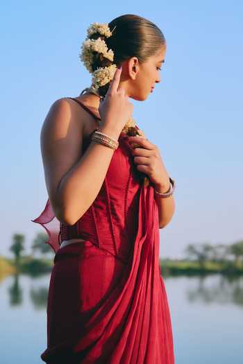 Shop_Mirasa_Maroon Silk, Crepe Embroidery Azriza Pre-draped Saree With Corset 