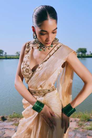 Buy_Mirasa_Gold Silk, Tissue V-neck Zariya Pre-stitched Saree With Embroidered Blouse _Online_at_Aza_Fashions