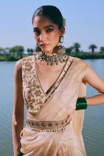 Shop_Mirasa_Gold Silk, Tissue V-neck Zariya Pre-stitched Saree With Embroidered Blouse _Online_at_Aza_Fashions