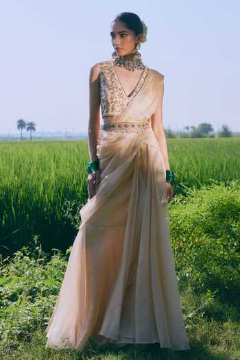 Mirasa_Gold Silk, Tissue V-neck Zariya Pre-stitched Saree With Embroidered Blouse _at_Aza_Fashions