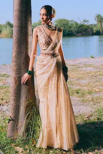 Buy_Mirasa_Gold Silk, Tissue V-neck Zariya Pre-stitched Saree With Embroidered Blouse 