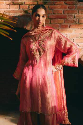 Shop_Mirasa_Pink Silk, Tissue Split V-neck, Yes Mahira Embroidered Kurta Set _Online_at_Aza_Fashions