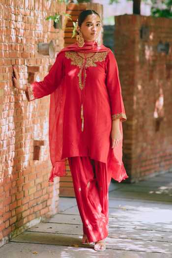 Buy_Mirasa_Red Silk, Chanderi, Tissue Yes Avira Pure Kurta Set _Online_at_Aza_Fashions
