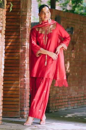 Shop_Mirasa_Red Silk, Chanderi, Tissue Yes Avira Pure Kurta Set _Online_at_Aza_Fashions