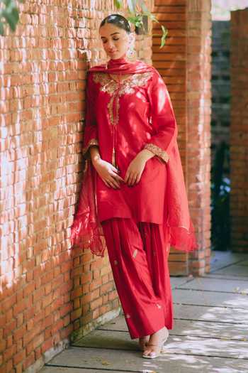 Shop_Mirasa_Red Silk, Chanderi, Tissue Yes Avira Pure Kurta Set 