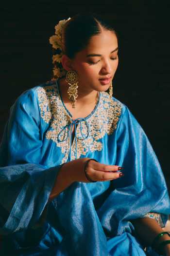 Shop_Mirasa_Blue Silk, Chanderi, Tissue Keyhole Neck, Yes Avira Pure Kurta Set _Online_at_Aza_Fashions