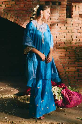 Shop_Mirasa_Blue Silk, Chanderi, Tissue Keyhole Neck, Yes Avira Pure Kurta Set 