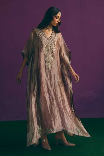 Mirasa_Brown Silk, Tissue, Muslin V-neck Ilina Pure Banarasi Kaftan And Pant Set _Online_at_Aza_Fashions
