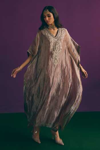 Buy_Mirasa_Brown Silk, Tissue, Muslin V-neck Ilina Pure Banarasi Kaftan And Pant Set _Online_at_Aza_Fashions