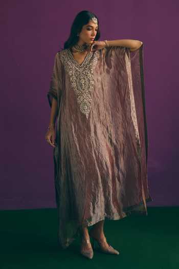 Shop_Mirasa_Brown Silk, Tissue, Muslin V-neck Ilina Pure Banarasi Kaftan And Pant Set _Online_at_Aza_Fashions