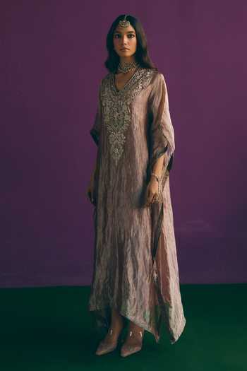 Mirasa_Brown Silk, Tissue, Muslin V-neck Ilina Pure Banarasi Kaftan And Pant Set _at_Aza_Fashions