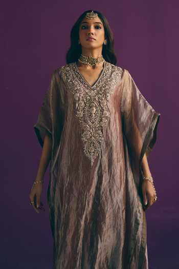 Buy_Mirasa_Brown Silk, Tissue, Muslin V-neck Ilina Pure Banarasi Kaftan And Pant Set 