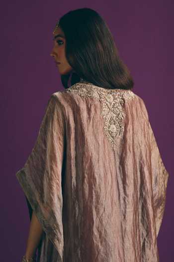 Shop_Mirasa_Brown Silk, Tissue, Muslin V-neck Ilina Pure Banarasi Kaftan And Pant Set 