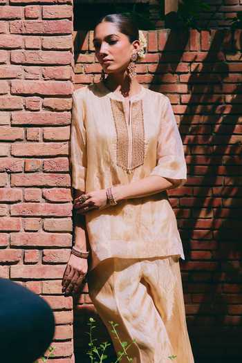 Shop_Mirasa_Gold Tissue Mandarin Collar, Yes Iraaya Embroidered Kurta And Pant Set _Online_at_Aza_Fashions