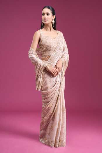 Buy_Samyukta Singhania_Gold Organza, Tissue Sweetheart Neck Handwork Beaded Saree With Blouse 