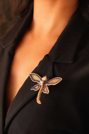Buy_KARAARI_Gold Plated Blue Dragonfly Embroidered Brooch _Online_at_Aza_Fashions