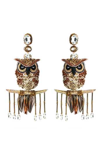 KARAARI_Black Owl Hand Embroidered Earrings _Online_at_Aza_Fashions