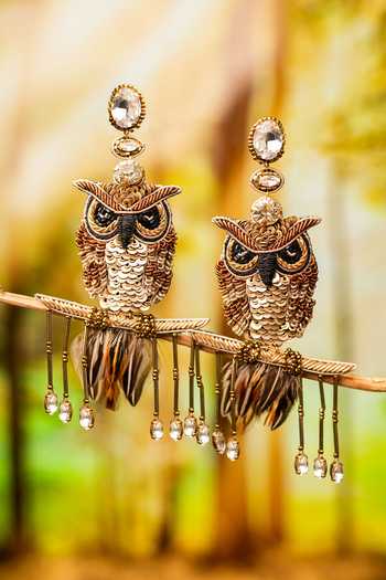 Buy_KARAARI_Black Owl Hand Embroidered Earrings _Online_at_Aza_Fashions