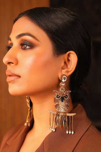 Shop_KARAARI_Black Owl Hand Embroidered Earrings _Online_at_Aza_Fashions