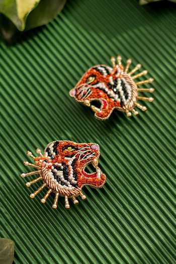 Shop_KARAARI_Black Roaring Tiger Embellished Earrings _Online_at_Aza_Fashions