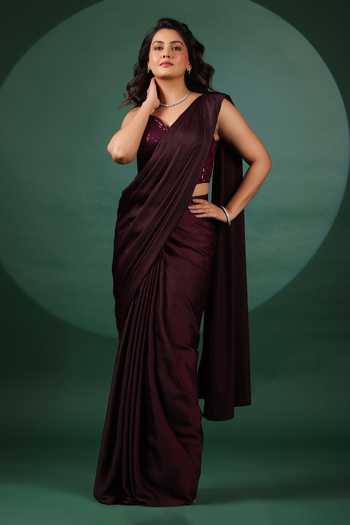 B'Infinite Wine Pre Draped Saree & Embellished Blouse 