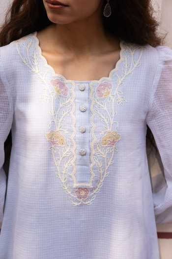 Label Nimbus_Blue Silk, Cotton Round Neck Ice Melt Kurta And Salwar Set _Online_at_Aza_Fashions