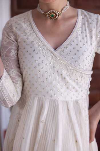Label Nimbus_Ivory Organza, Chanderi, Silk, Cotton V-neck Embroidered Yoke Angrakha Set _Online_at_Aza_Fashions