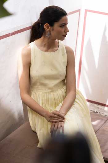 Label Nimbus_Yellow Cotton, Chanderi, Silk, Chiffon High Lemon Icy Embroidered Anarkali Set _Online_at_Aza_Fashions