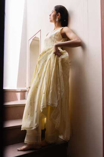 Buy_Label Nimbus_Yellow Cotton, Chanderi, Silk, Chiffon High Lemon Icy Embroidered Anarkali Set _Online_at_Aza_Fashions