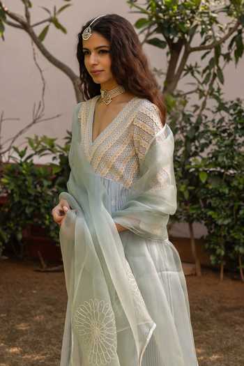 Buy_Label Nimbus_Blue Organza, Chanderi, Silk, Cotton Ice Melt Embroidered Yoke Anarkali Set _Online_at_Aza_Fashions