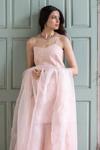 Label Nimbus_Peach Chanderi, Organza Sweetheart Neck Cotton Candy Spaghetti Kurta Sharara Set _Online_at_Aza_Fashions
