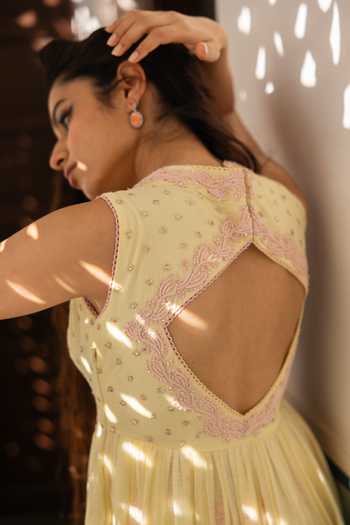 Buy_Label Nimbus_Yellow Cotton, Chanderi Halter Neck Lemon Icy Hand Embroidered Maxi Dress _Online_at_Aza_Fashions