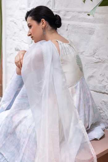 Label Nimbus_Blue Chanderi, Organza Halter Neck Tie And Dye Short Kurta Sharara Set _Online_at_Aza_Fashions